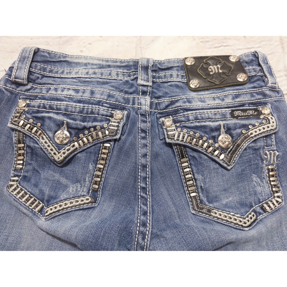 Miss Me Signature Skinny Jeans Womens 27 Blue Embellished Flap Pocket Low‎ Rise - Picture 7 of 10